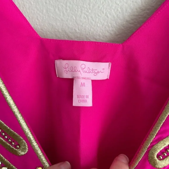 Lilly Pulitzer Owen Silk Trapeze Tunic Dress Hot Pink Gold Beaded Embroidery M - Picture 6 of 9